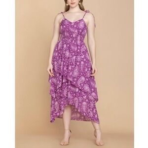 New Bohera Purple Paisley Drop Waist‎ Ruffled Midi Dress Size Large